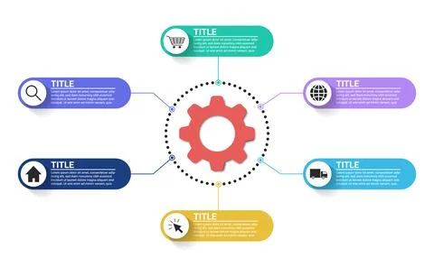 Infographic data visualization presentation chart 6 step gear process rounded bu Illustrazione stock