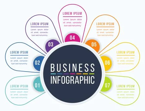 Infographic design 7 steps, objects, elements or options business information Ilustração Stock