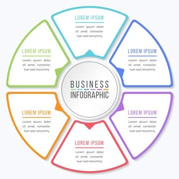 Infographic design circle 6 steps or elements business information colored 스톡 일러스트