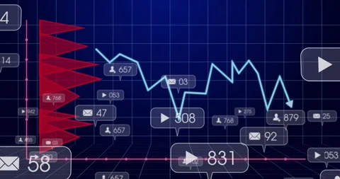 Infographic elements floating over deep blue 3D grid, displaying line chart Stock Footage 307443238