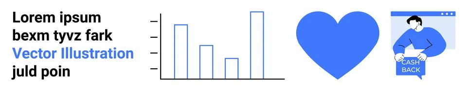 Infographic Elements Graph, Blue Heart, Person Holding Cash Back Sign Stock Illustration