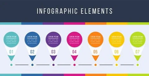 Infographic elements timeline 7 objects, steps or options business info design Stock Illustration