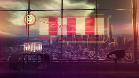 Infographic of Ethereum fall in a spacious office. Stock Footage 258339163