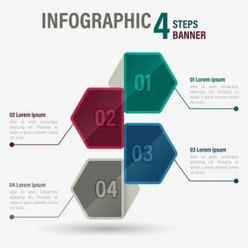 Infographic four steps vector banner with hexagonal elements. Part 15. Illustrazione stock