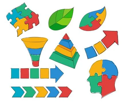 Infographic head funnel arrow process leaf pyramid puzzle color set collection Stock Illustration