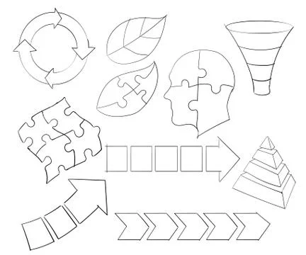Infographic head funnel arrow process leaf pyramid puzzle set collection sketch Иллюстрация