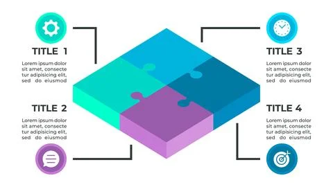 Infographic illustrating a four-step process represented by four puzzle pie.. Stock Illustration