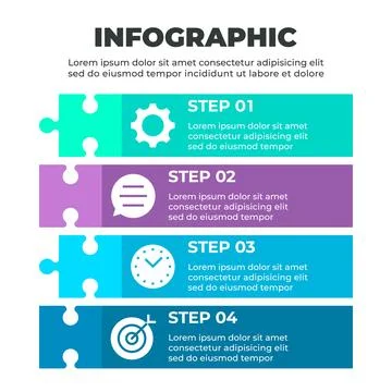 Infographic illustrating a four-step process represented by four puzzle pie.. Stock Illustration