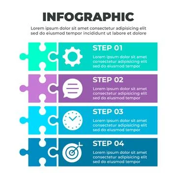Infographic illustrating a four-step process represented by four puzzle pie.. Illustrazione stock