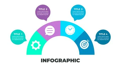 Infographic illustrating a four-step process represented by four speech bub.. Stock Illustration