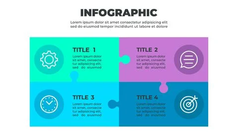 Infographic illustrating a four-step process represented by four puzzle pie.. Stock Illustration