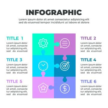 Infographic illustrating a six-step process represented by six puzzle pieces Stock Illustration