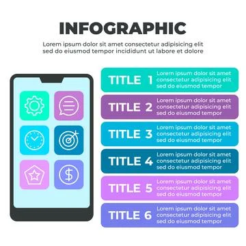 Infographic illustrating a six-step process represented by a smartphone wit.. Stock Illustration