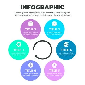 Infographic illustrating a six-step process represented by six circles arra.. Stock Illustration