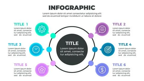 Infographic illustrating a six-step process represented by six sections of .. Illustrazione stock