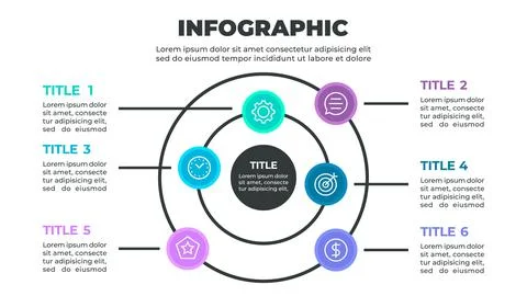 Infographic illustrating a six-step process represented by six circles arra.. Stock Illustration