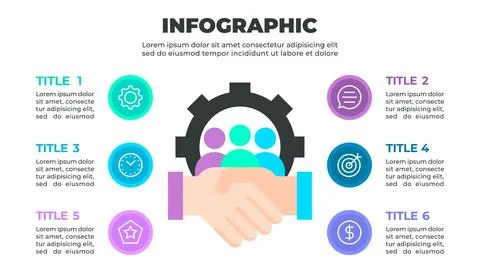 Infographic illustrating a six-step process related to teamwork or collabor.. Stock Illustration