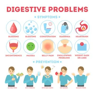 Infographic with intestine problems. Diarrhea and stomach Stock Illustration