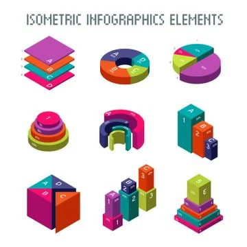 Infographic isometric vector elements. 3d pie graph, charts and progress bars Stock Illustration