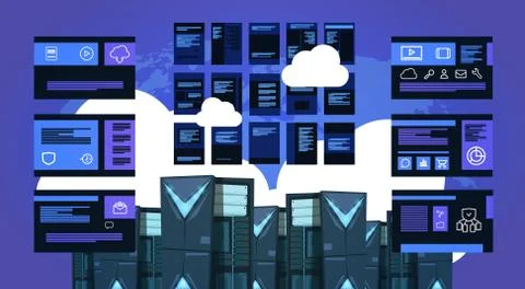 Infographic map over data storage cloud synchronization center with hosting Illustrazione stock