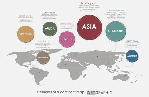 Infographic mindmap template with map of continent. Stock Illustration