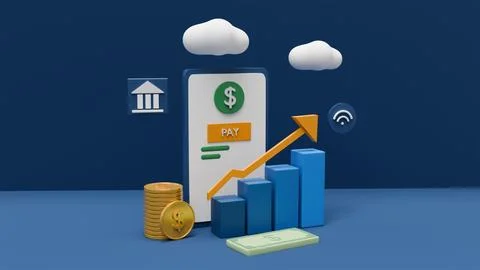 Infographic with mobile payment, growth chart, coins and banking and financ.. Stock Photos