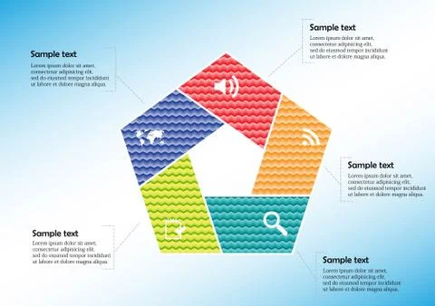 Infographic pentagon template with sections filled by patterns Stock Illustration