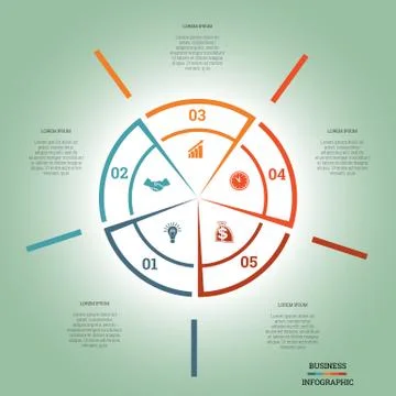 Infographic Pie chart template colourful circle five positions Stock Illustration
