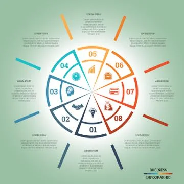 Infographic Pie chart template colourful circle eight positions Stock Illustration