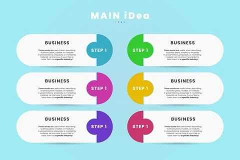 The infographic presents six horizontal modules organized in two columns an.. Stock Illustration