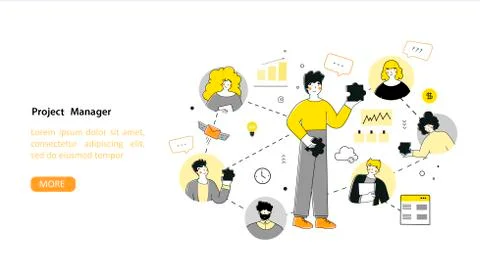 Infographic project manager for web design, flat vector landing page template Stock Illustration
