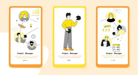 Infographic project manager for web design.Flat onboarding mobile app page Stock Illustration