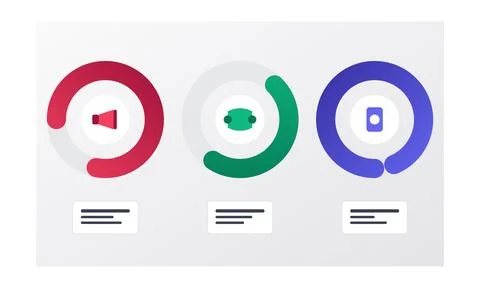 Infographic showing three circular progress bars with megaphone, gaming, an.. Stock Illustration