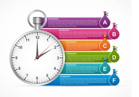 Infographic with a stopwatch and multi-colored ribbons with a bag of money. Stock Illustration