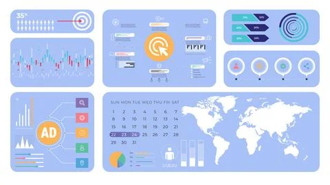 Infographic-style layout with various data visualizations, bar charts, line Illustrazione stock