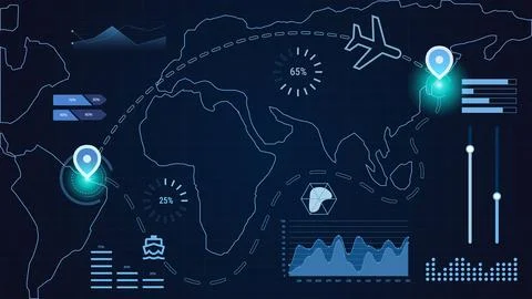 Infographic-style logistics map showing air and sea transport paths with bar Stock Illustration