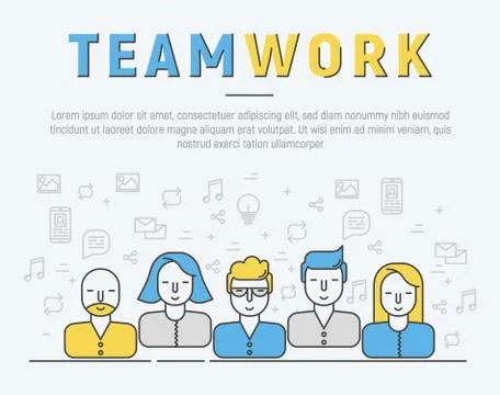 Infographic of team work in thin line style. Icons of flow, network, idea Stock Illustration