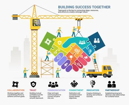 Infographic of teamwork concept with construction workers building a colorf.. Illustrazione stock