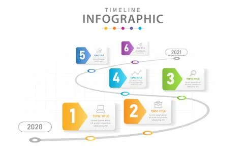 Infographic template 6 Steps Modern Timeline diagram with roadmap. Illustration