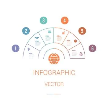 Infographic Template Colourful Pie Chart Semicircle with text areas on 6 posi Stock Illustration