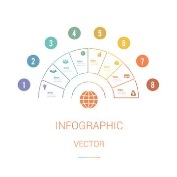 Infographic Template Colourful Pie Chart Semicircle with text areas on 8 posi Stock Illustration