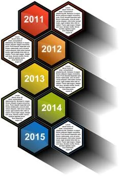 Infographic timeline report with colored hexagons Stock Illustration