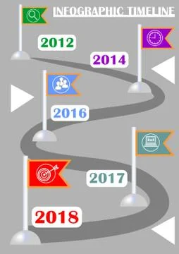 Infographic timeline template, abstract vector with five flag elements, icons Stock Illustration