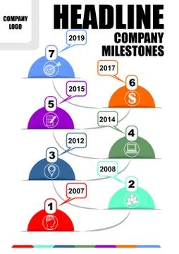 Infographic timeline template, abstract vector with seven elements, icons and Illustrazione stock