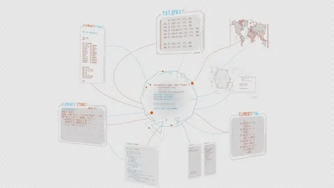 Infographic visualizing a digital network with multiple code windows Stock Footage 331759833