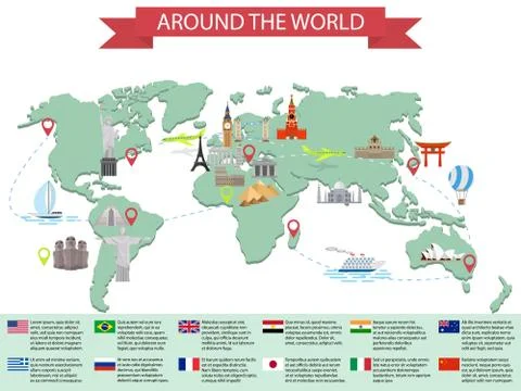 Infographic world landmarks on map Stock Illustration