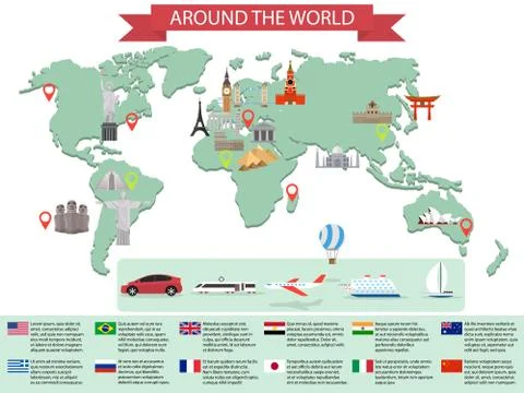 Infographic world landmarks on map Stock Illustration
