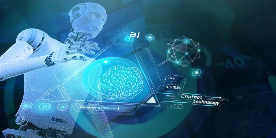 Infographics about the work of artificial intelligence and brain neurons. Stock Illustration