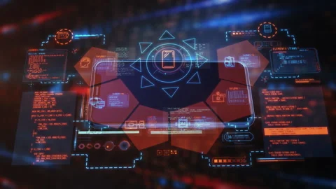 Infographics and program code elements displayed above the smartphone screen Stock Footage 320211651