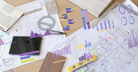 Infographics appearing above drafting tools and tablet animating upward to Stock Footage 314398010